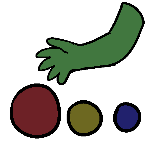 A green arm gesturing to red, yellow, and blue circles